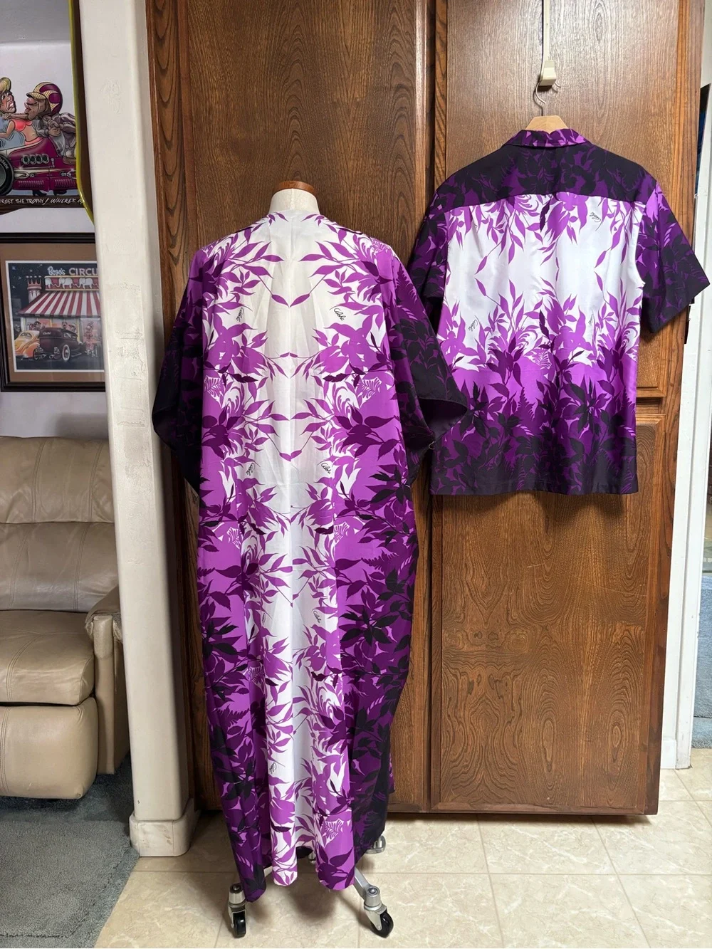 Purple & White Floral Kimono Dress and Matching Mens Shirt. Honeymoon set.